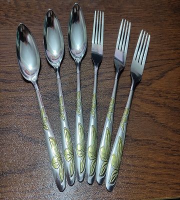Stainless Steel 3 + 3 Spoon + Fork Set - 6  Pcs Multi Design Silver with Golden Shade