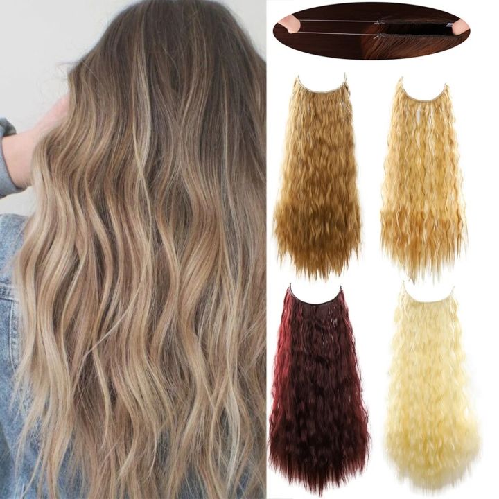No Clips Hair Natural Wavy Curly False Hair Piece Woman Synthetic Hair Extensions Artificial Long Wig Fish Line
