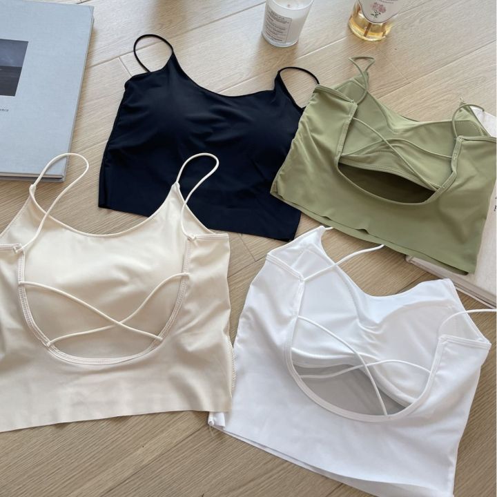 Sexy Hot Girl Slim-Fit Short Ice Silk Sling Vest with Chest Pad Push up Cross Hollow out Sexy Beauty Back Underwear