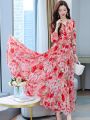 2023 Beach Floral Chiffon Midi Dress Women Luxury Elegant Spring Summer Korean Fashion Casual Bodycon Party Evening Long Dresses. 