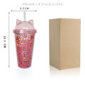 Glass Cup with Straw PA Double Wall Glass 420ml Cat Ear Water Bottle Girl Sequins Without B Reusable Smoothie Cup Drinkware. 