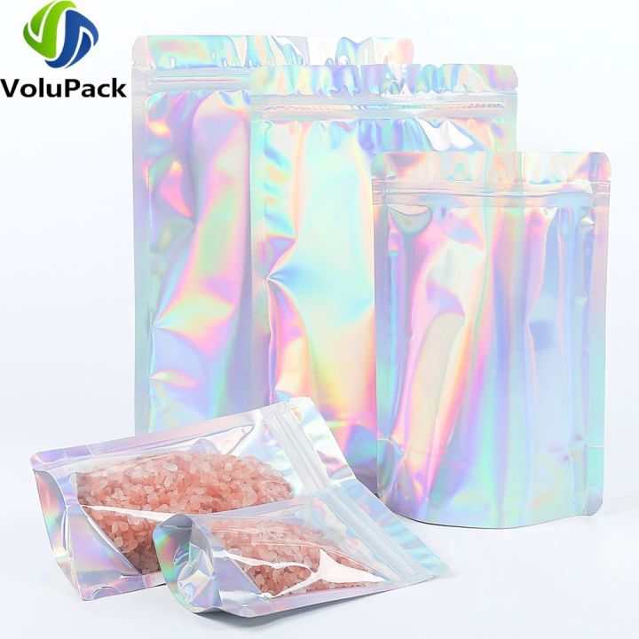 100PCS Smell Proof Plastic Package Ziplock Bags Clear Front Holographic Silver Pouches Recyclable Metallic Mylar Storage Bags