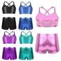 Kids Girls Ballet Dance Clothes Gymnastics Leotard Gym Sports Fitness Workout Tankini Outfit Shiny Sequins Tank Bra Tops Shorts.