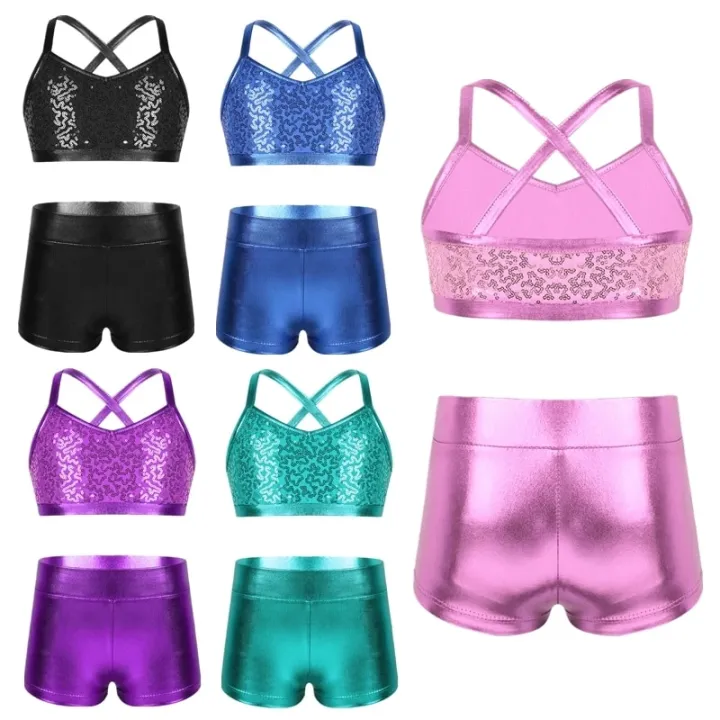 Kids%20Girls%20Ballet%20Dance%20Clothes%20Gymnastics%20Leotard%20Gym%20Sports%20Fitness%20Workout%20Tankini%20Outfit%20Shiny%20Sequins%20Tank%20Bra%20Tops%20Shorts%20-%20Image%206
