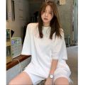 2021 Spring And Summer Korean White Short Sleeve T-shirt Shorts Two-piece Suit Women Loose High Waist Casual Sports Top Pants. 
