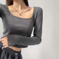 Square neck long sleeved T shirt for women wearing spicy girl style exposed collarbone short and slim fit bottom shirt with versatile ins top inside. 