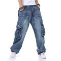 Baggy Jeans Mens Straight Denim Cargo Pants Biker Jeans Men Baggy Loose Blue Jeans With Side Pockets Jeans Men. 