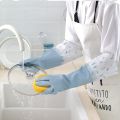 Household Gloves Morandi Color Waterproof Dishwashing Plastic Gloves Winter Long And Velvet Warm Wash Durable Housework Sleeves. 
