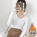 Autumn and Winter 2020 New Solid Color Long Sleeve T Women's Black round Neck Slim Bottoming Shirt Fleece-lined Thickened Inner Wear Top.