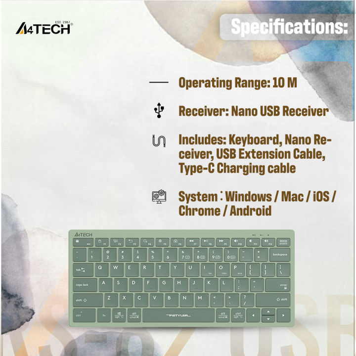 A4TECH%20Fstyler%20FBX51C%20Multimode%20Rechargeable%20Mini%20Wireless%20Keyboard%20-%20Dual%20Connectivity%20(Bluetooth%20+%202.4GHz)%20-%20Rechargeable%20Design%20-%20Chocolate%20Keycaps%20-%20For%20Windows%20/%20Mac%20/%20iOS%20/%20Chrome%20/%20Android%20/%20Harmony%20OS.%20-%20Grey/Matcha%20Green%20-%20Image%205