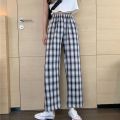 Plaid Wide-leg Pants Women's Korean Casual Trousers New Student Light Loose High-waist Straight-leg Casual Pants Lattice Print.