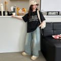 Girls Summer T-Shirt Set 2024 New Western Style Girls Summer Dress Loose Short Sleeve Kids Denim Wide-leg Pants. 