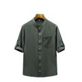 Cross-border new summer men's cotton and linen crepe solid color men's shirt Chinese style stand collar casual men's loose shirt. 