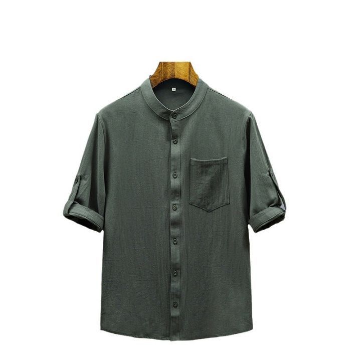 Cross-border%20new%20summer%20men's%20cotton%20and%20linen%20crepe%20solid%20color%20men's%20shirt%20Chinese%20style%20stand%20collar%20casual%20men's%20loose%20shirt%20-%20Image%204