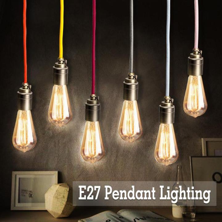 2M E27/E26 Vintage Fabric Cable Pendant Light Hanging Filament Lamp Bulb Holder Socket (Silver)
