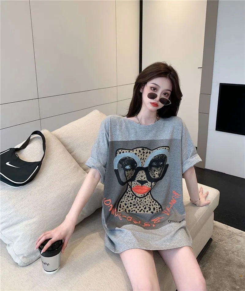 Gray Fashionable Short Sleeve T T-shirt plus Size Women's Summer