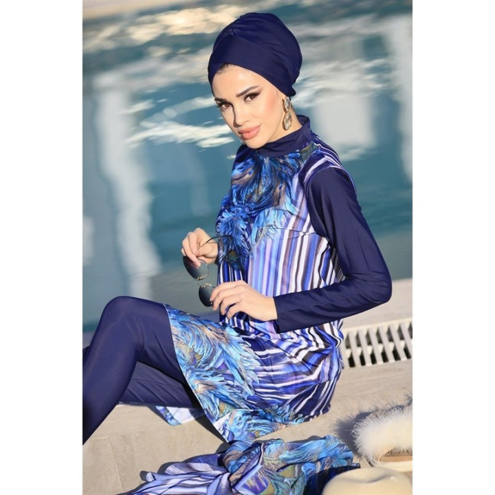 Women%20Muslim%20Swimwears%20Long%20Sleeves%20Sport%20swimming%20Togs%20Printed%20Stretch%20Full%20Cover%20Hijab%204pcs%20lslamic%20Burkinis%20Wear%20Bathing%20Suit%20-%20Image%202