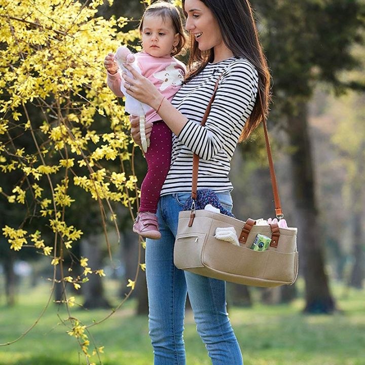 Durable%20Baby%20Diaper%20Caddy%20Organizer%20&%20Changing%20Pad,%20Unisex%20Portable%20Storage%20Bin%20for%20Travel%20or%20Home,%20Eco-Friendly%20Felt%20Basket%20Bag%20with%20Customizable%20Compartments,%20Leather%20Handles%20-%20Image%203