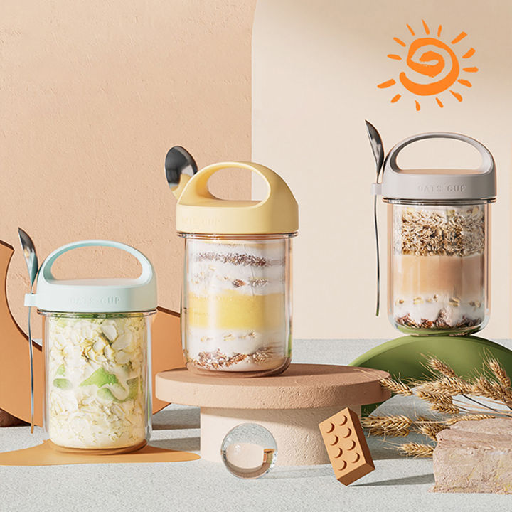 430ML New Breakfast Cups Oatmeal Cereal Nut Yogurt Salad Cup Leakproof Glass Oats Container With Lid Spoon Food Storage Box Gonghpng
