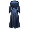 ZANZEA Muslimah Women Muslim V Neck Belt Long Sleeve Plain Satin Party Maxi Dress.