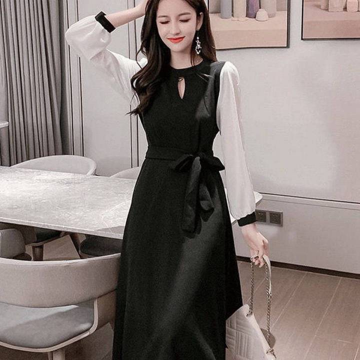 Women s Long sleeved Slim Dress Thin Solid Color Dress Korean Style Mid length Base Dress Daraz .bd