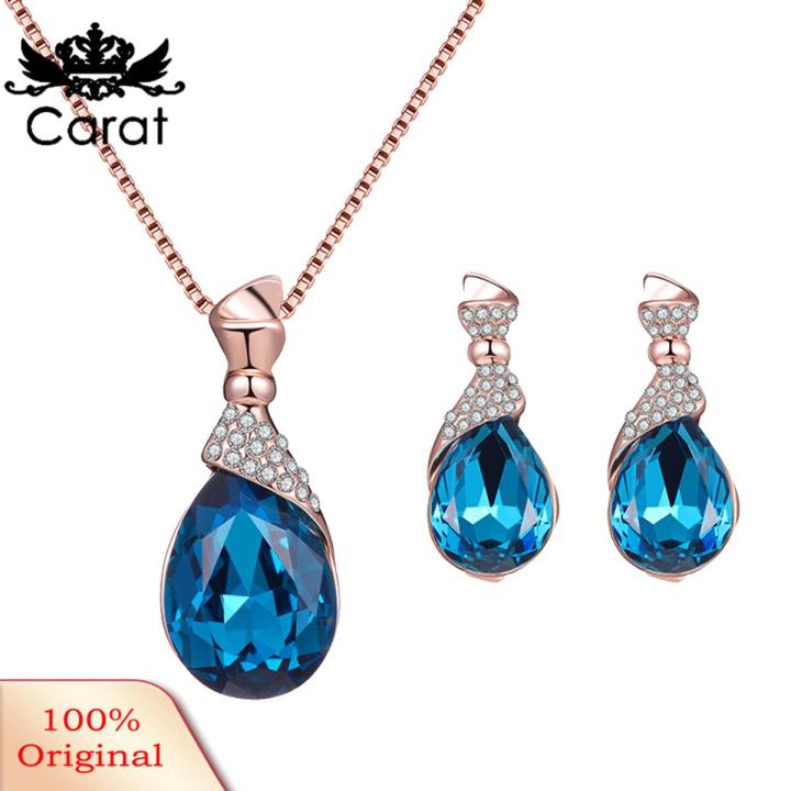 Carat Women Water Drop Shape Rhinestone Pendant Ear Stud Earrings Necklace Jewelry Set