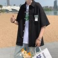 Hong Kong Style Solid Color Labeling Short-Sleeved Shirt for Boys Summer Trendy Japanese Loose Casual Half Sleeves Shirt Coat Cardigan. 