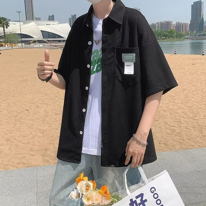 Hong Kong Style Solid Color Labeling Short-Sleeved Shirt for Boys Summer Trendy Japanese Loose Casual Half Sleeves Shirt Coat Cardigan