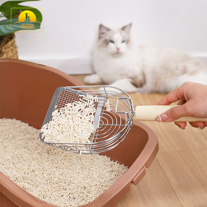 round Handle Stainless Steel Wooden Handle Oval Mesh Cat Litter Shovel Leather Taobao Double Filter Cat Litter Shovel Fine Hole Two-in-One