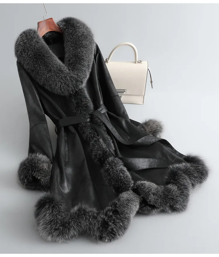 Fox Fur Womens Long Leather Coat With Fur Collar Lady Luxury Fox