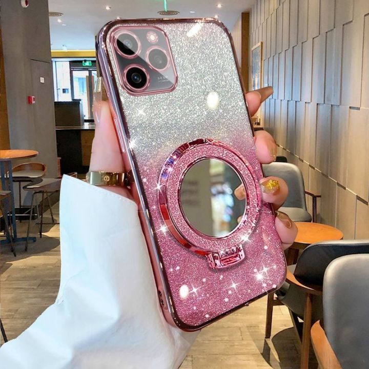 New Phone case Tecno Spark Go 2024 Spark Go 2023 Spark Go 2022 Spark Go 2020 Back cover with Makeup Mirror Holder Stand Luxury Shiny Gradient Plating Glitter Slim Phone cases Transparent Soft Silicone Protective Pouch Women Girls