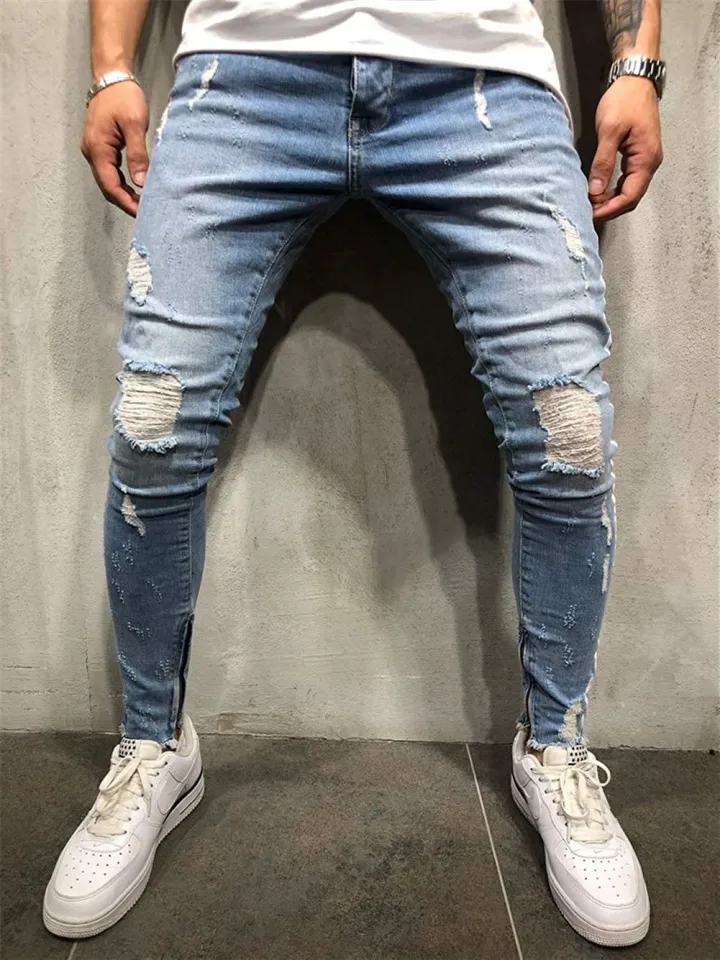 Men Skinny Jeans Biker Destroyed Frayed Fit Blue Denim Ripped Side