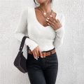 WEIRDO Autumn Winter Women Solid Rib Knit V Neck Stripe Pull Sweater Femme Y2k Long Sleeve Pullover Jersey Tops Fashion Clothes.