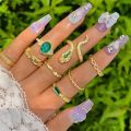 8Pcs Vintage Geometry Snake Green Crystal Open Ring Set for Women Accessories. 