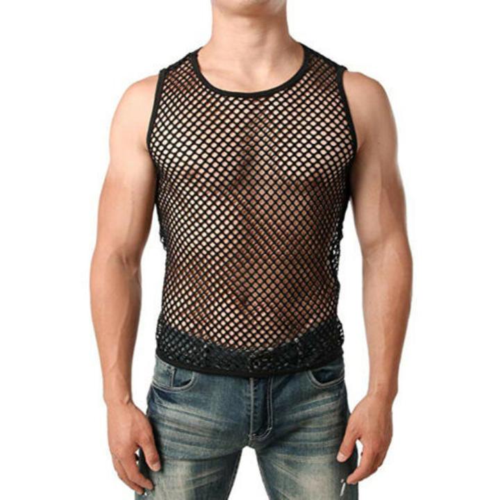 Mens Transparent Mesh T Shirt New See Through Fishnet Long Sleeve Muscle Undershirts Nightclub Party Perform Top Tees