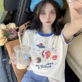 Western Style Contrast Color Short Sleeve Shoulder T T-shirt Women's Unique Design Sense Niche Korean Sweet Top with Jeans Summer.