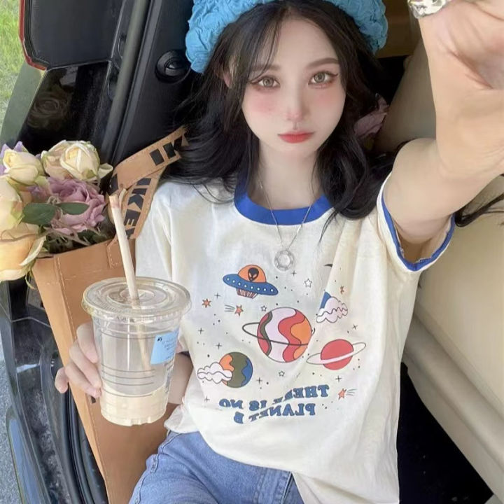 Western%20Style%20Contrast%20Color%20Short%20Sleeve%20Shoulder%20T%20T-shirt%20Women's%20Unique%20Design%20Sense%20Niche%20Korean%20Sweet%20Top%20with%20Jeans%20Summer%20-%20Image%203