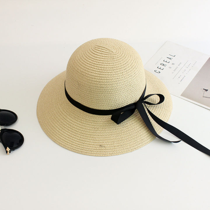 Summer%20women's%20sunshade%20straw%20hat%20black%20ribbon%20bow%20big%20brim%20hat%20Japanese%20adult%20pot%20hat%20women's%20sunscreen%20fold%20-%20Image%207