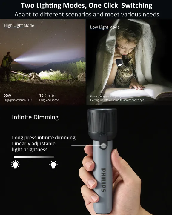 PHILIPS%20LED%20Flashlight%20Torch%20400LM,%202000mAh%20Rechargeable%20Torch%20Light%20with%202%20Modes,%20IP44%20Waterproof,%20Portable%20Flash%20Light%20for%20Home,%20Camping,%20Hiking,%20Emergency%20,Gray%20-%20Image%204