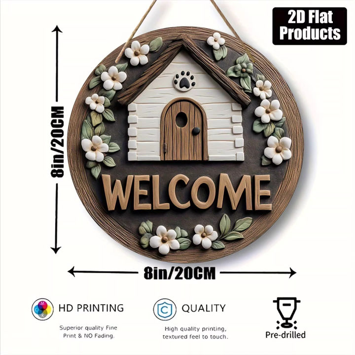 8%20Inch%20Round%20Welcome%20Door%20Sign%20-%202D%20Flat%20House%20&%20Floral%20Design%20Hanging%20Wall%20Decor%20for%20Home%20Entryway%20-%20Image%204