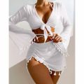 2023New Europe and America Cross Border Conservative Swimwear Women's Solid Color Tassel Mesh Outerwear Short Skirt Four-Piece Bikini.
