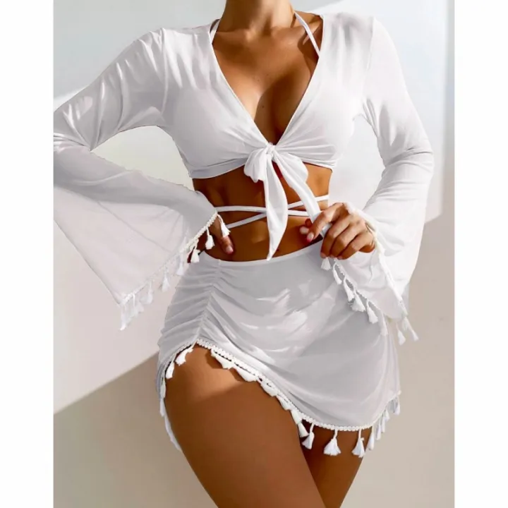 2023New%20Europe%20and%20America%20Cross%20Border%20Conservative%20Swimwear%20Women's%20Solid%20Color%20Tassel%20Mesh%20Outerwear%20Short%20Skirt%20Four-Piece%20Bikini%20-%20Image%202