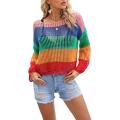 Women Knit T-shirt, Long Sleeve Crew Neck Hollowed Contrast Color Summer Cover-up Pullover. 