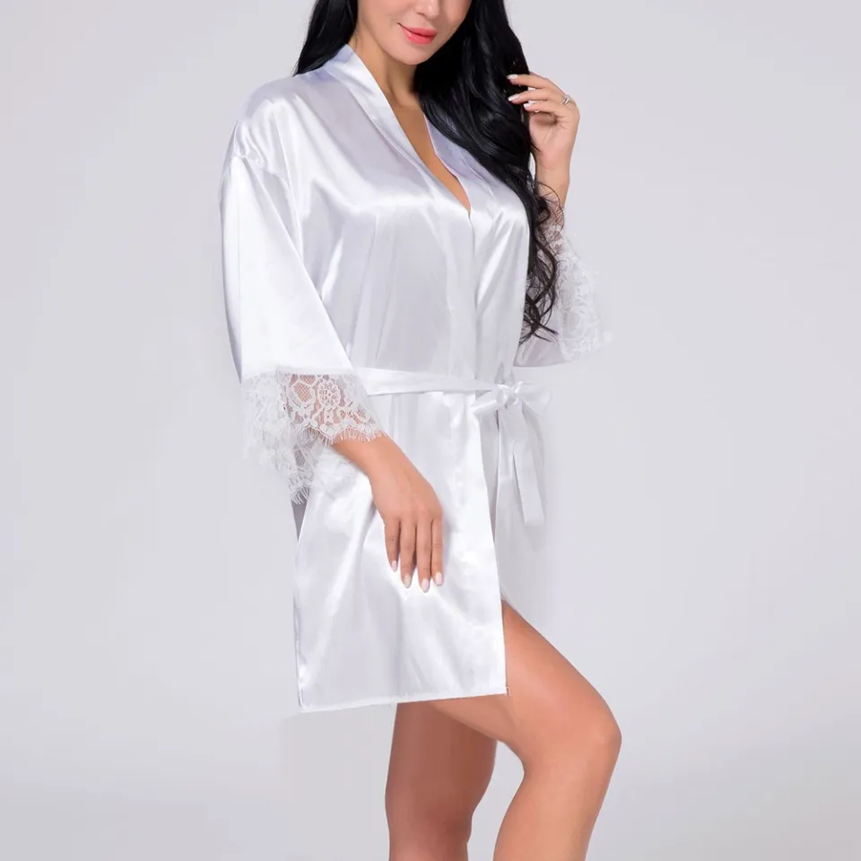 Women Night Gown Robe Lace Bathrobe Halt Sleeve Nightdress Female