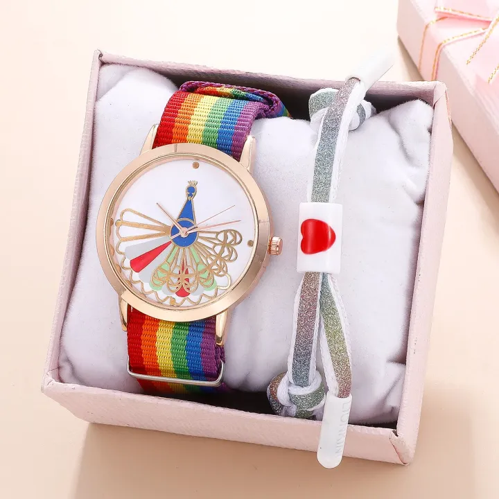 Ladies%20Watch%20Rainbow%20Canvas%20Strap%20Quartz%20Kids%20Wristwatch%20With%20Sports%20Bracelet%20Set%20-%20Image%204