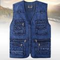 Men's Denim Vest Jacket Deep Blue Sleeveless Outerwear Waistcoat Multi-pocket Trucker Biker Jeans Sleeveless Jacket Gilet.