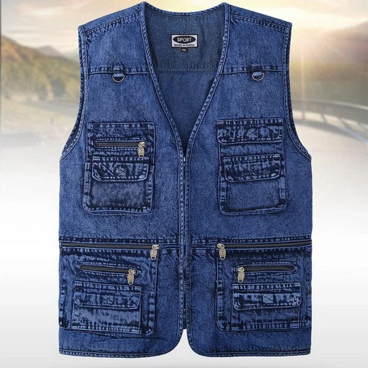 Men's Denim Vest Jacket Deep Blue Sleeveless Outerwear Waistcoat Multi-pocket Trucker Biker Jeans Sleeveless Jacket Gilet