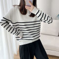 Fashion Slimming round Neck Sweater Women's Black and White Striped Loose Korean Style Outer Wear Autumn and Winter All-Matching Base Sweater. 