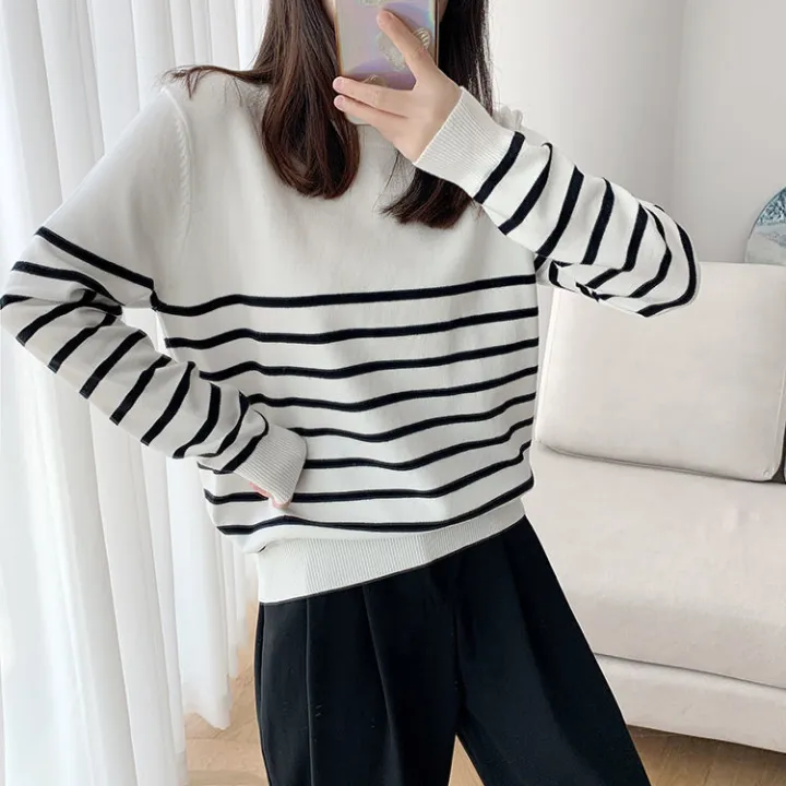 Fashion%20Slimming%20round%20Neck%20Sweater%20Women's%20Black%20and%20White%20Striped%20Loose%20Korean%20Style%20Outer%20Wear%20Autumn%20and%20Winter%20All-Matching%20Base%20Sweater%20-%20Image%208