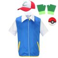 P-PokemonING Go Anime Blue Jacket Costume Boys Girls Ash Ketchum Cosplay for carnival Party Trainer Cap and Gloves Set.